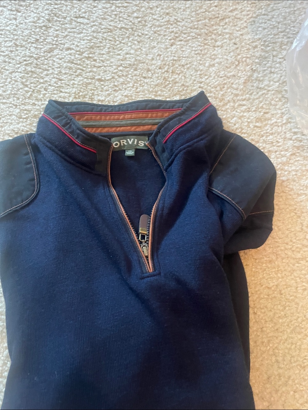 Orvis Men's Navy Half-Zip Sweater with Leather-Trim Accents